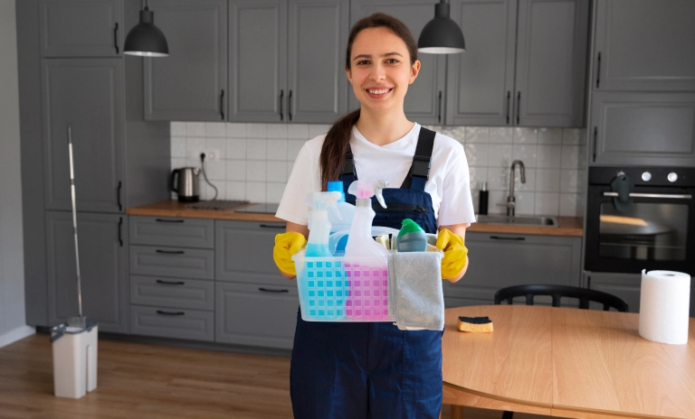 Domestic Worker in Private Household visa 21 Female housekeeper holding cleaning supplies in a modern kitchen
