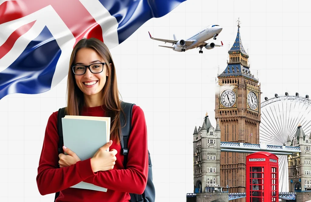 Student holding books with UK landmarks representing the Short-Term Student Visa UK