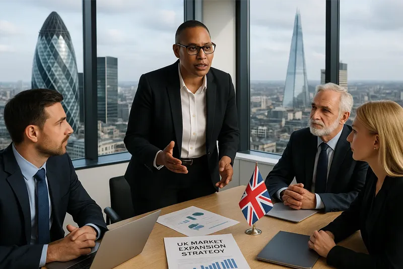 Business team discussing UK market expansion strategy for the UK Expansion Worker Visa