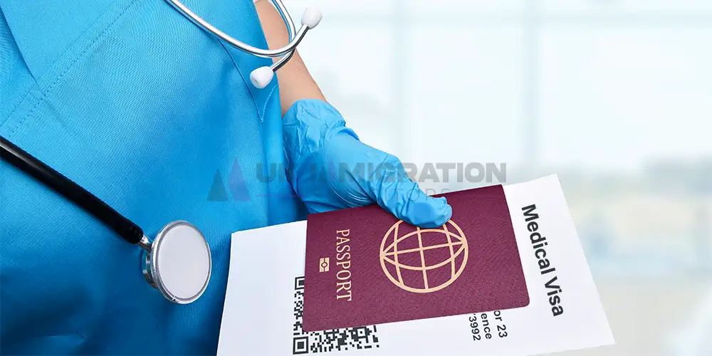Doctor holding a passport and Medical Visa document for UK private medical treatment