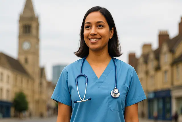 Healthcare professional wearing medical scrubs in a UK city setting