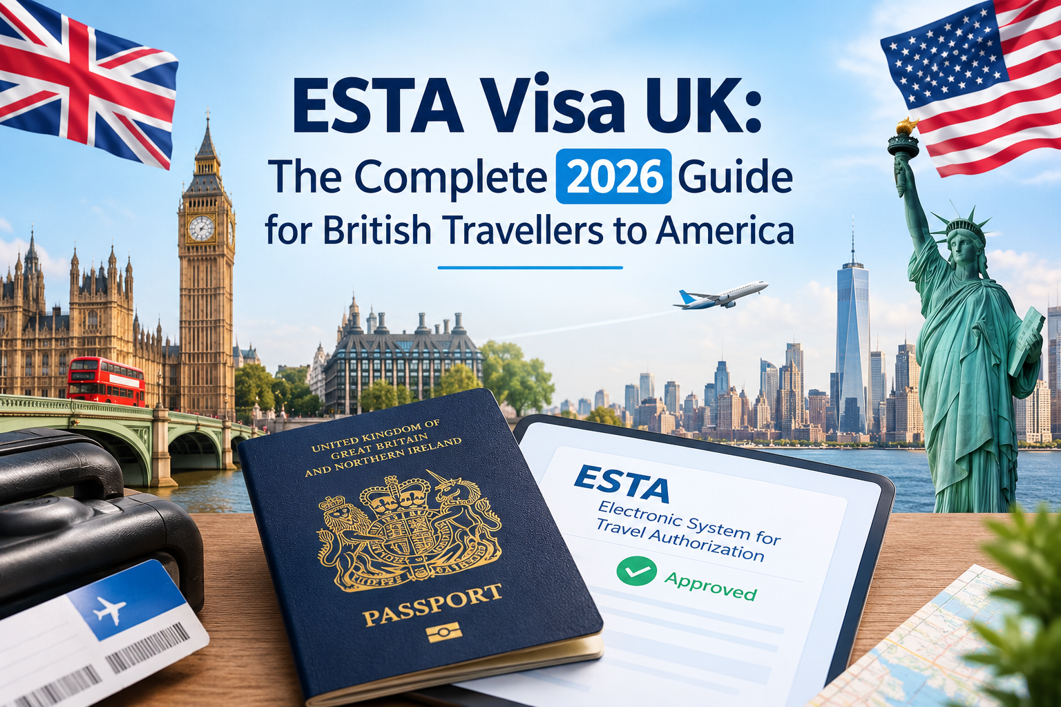 ESTA Visa UK 2026 guide for British travellers to America featuring UK and US landmarks, a British passport, ESTA approval and travel documents.