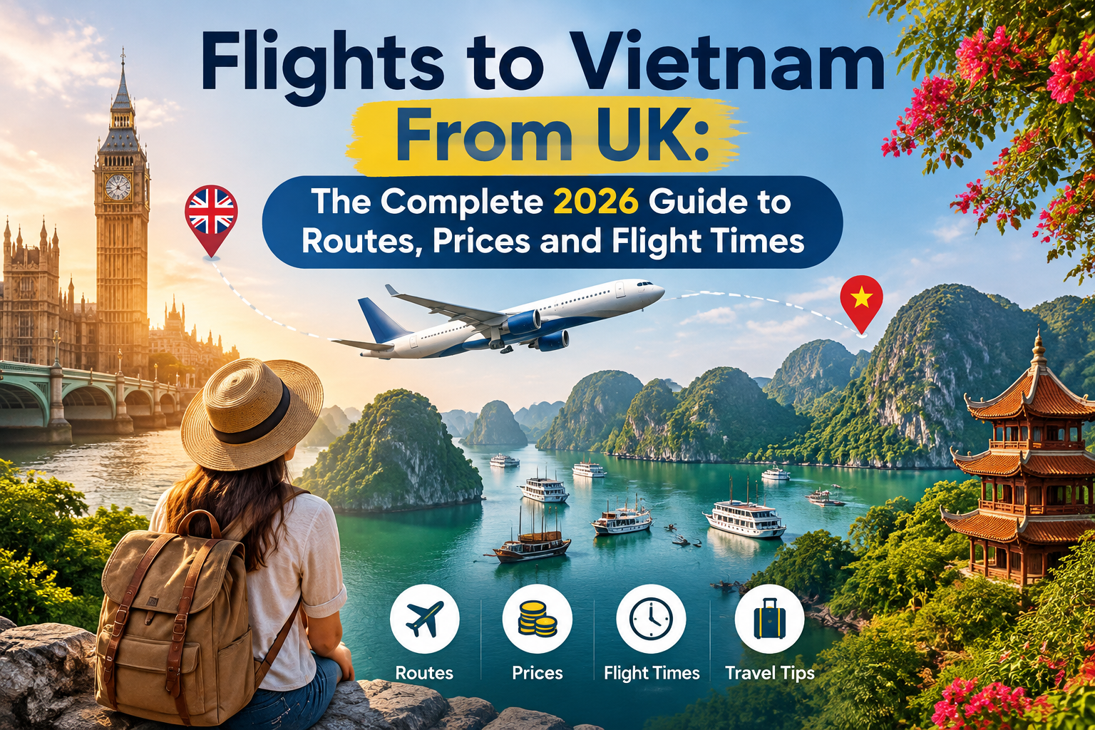Flights to Vietnam from UK 2026 guide banner showing an airplane route from London to Vietnam with travel landmarks, Ha Long Bay scenery, and flight information themes.
