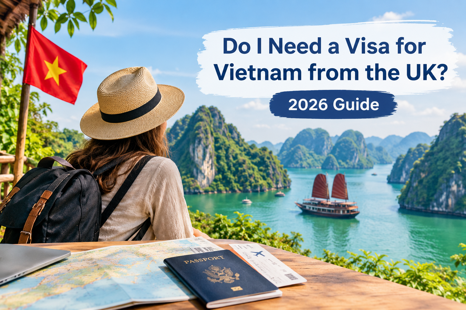 Vietnam visa guide for UK travellers in 2026, featuring Ha Long Bay, the Vietnamese flag, and a passport with travel documents.